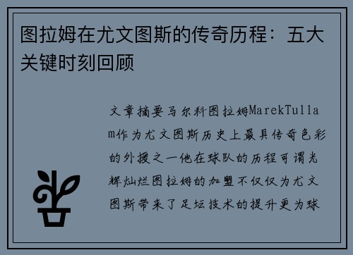 图拉姆在尤文图斯的传奇历程：五大关键时刻回顾